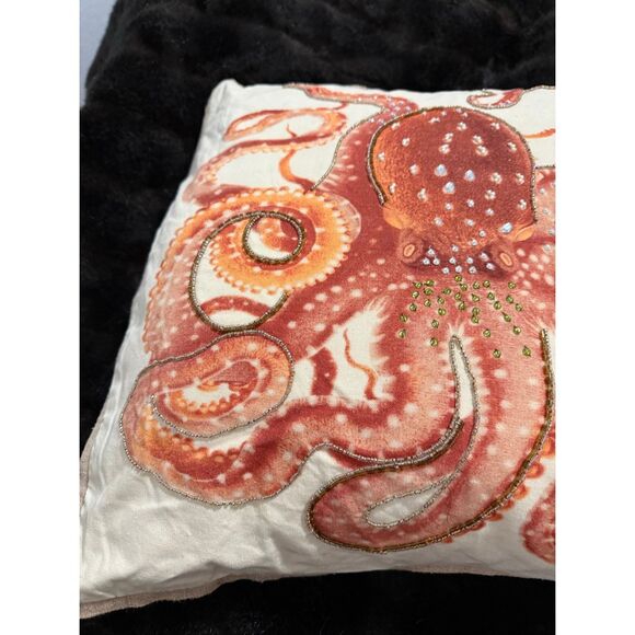 Pottery Barn La Paz Octopus 20" Coastal Nautical Pillow beaded glitter - Picture 3 of 6